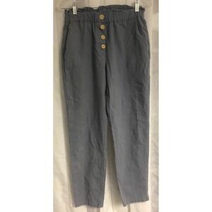 Nimin Slate Blue Linen Blend Paperbag Waist Tapered Pants with Wood Buttons M